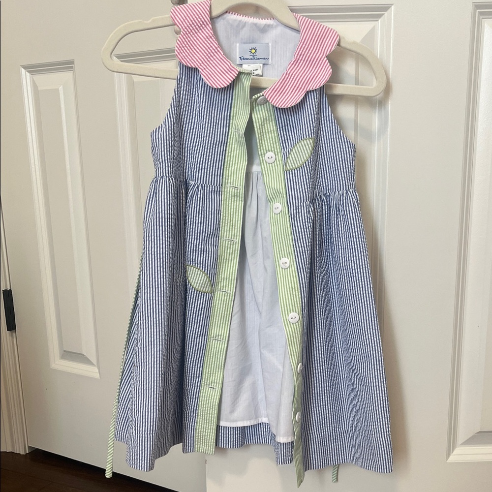 Florence Eiseman Blue Striped Dress with Pink and Green Accents